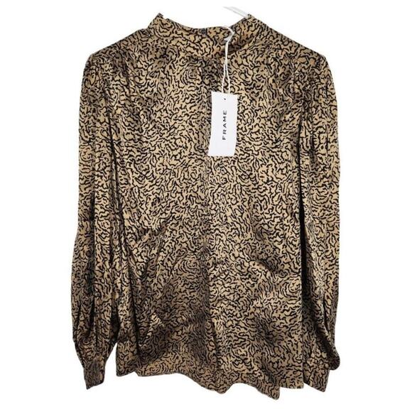 FRAME Silk Shirred Mock Neck Relaxed Blouse‎ Tan Black M Girlboss Career Preppy - Picture 1 of 9